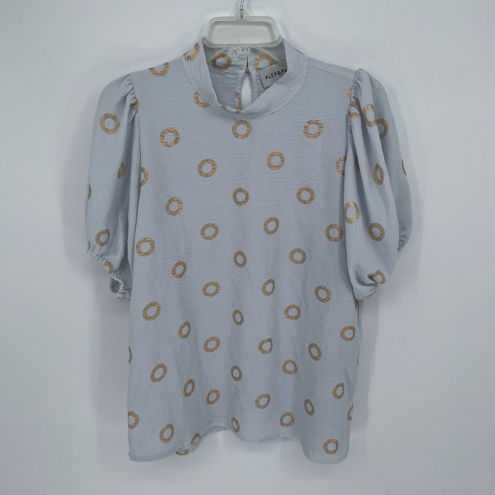 Alex & Parker Women's Light Blue Gold Medallion Puff Sleeve Blouse Size XL‎